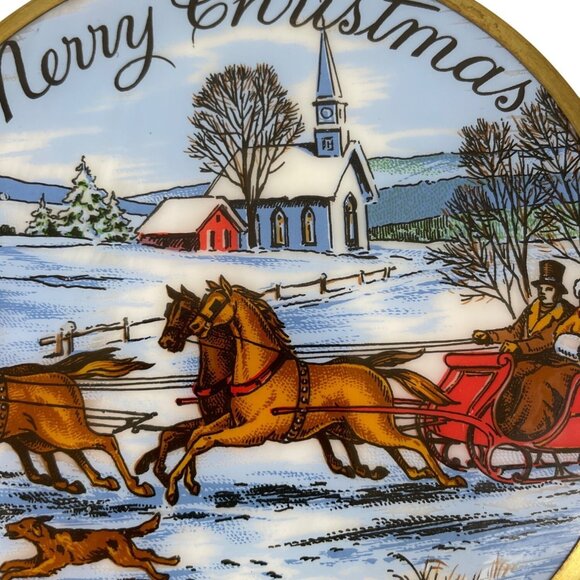 Vintage Merry Christmas Glass Window Suncatcher MulticolWinter Scene Sled Horses - Picture 3 of 8